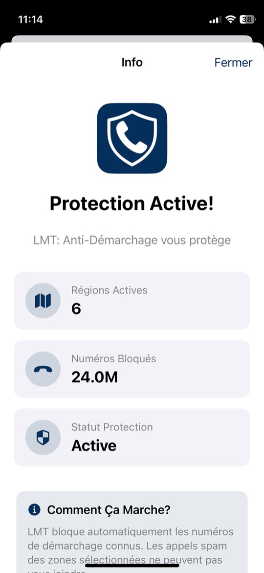 Info screen showing Protection Active with six active regions